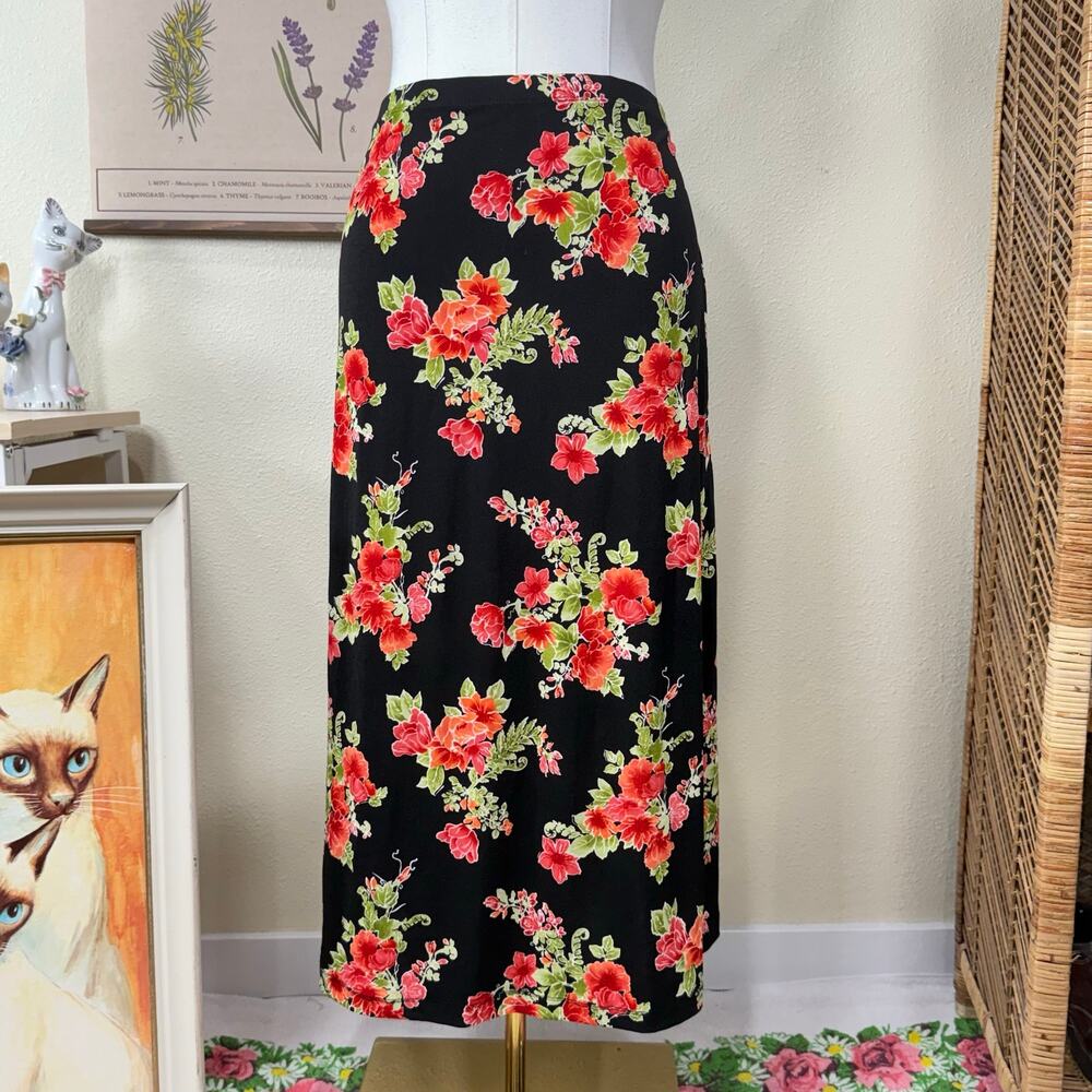 Y2k Floral Slinky Stretch Maxi Skirt Whimsigoth Romantic Goth Dark Cottage M PM
